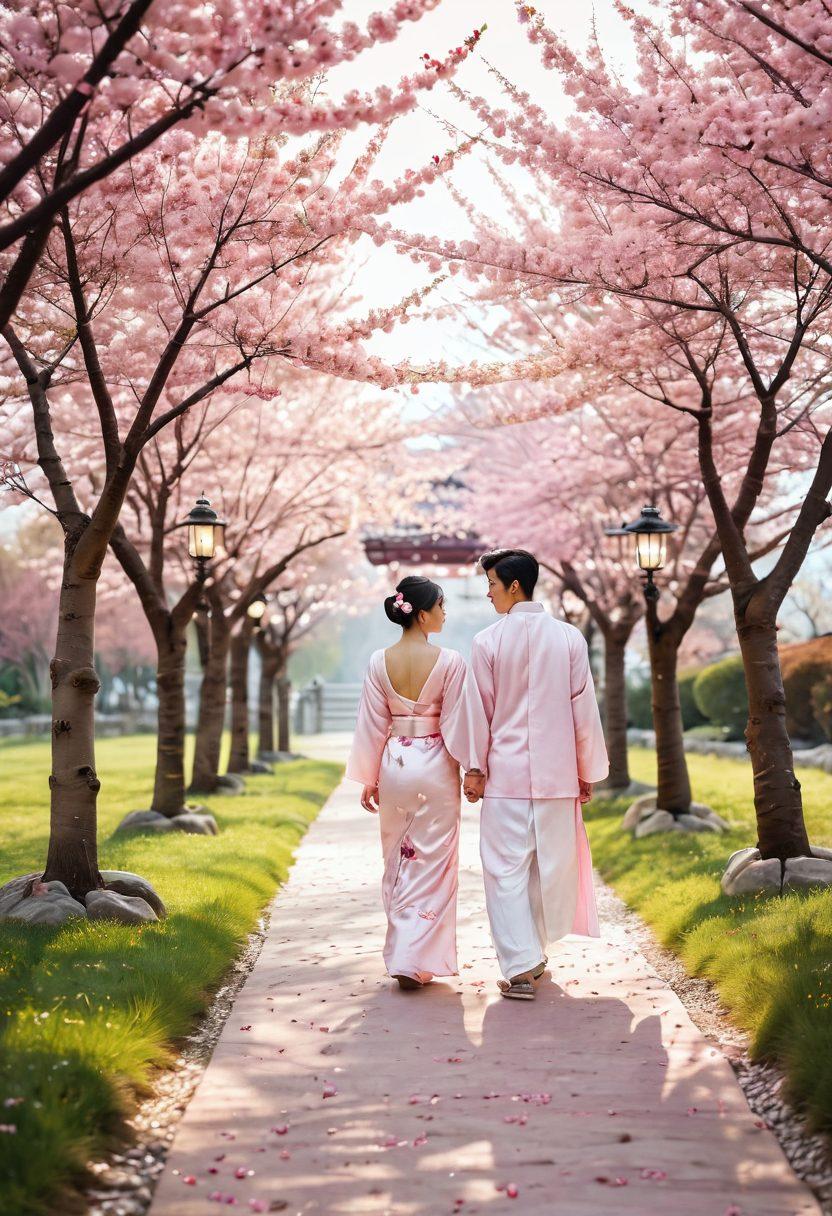 A serene, picturesque Asian landscape showcasing a couple holding hands on a cherry blossom-lined path. Soft pink petals gently falling around them, symbolizing love and affection. Include subtle cultural elements like traditional clothing and lanterns in the background, evoking a sense of togetherness and romance. Warm, inviting color palette that embodies deep emotions. super-realistic. vibrant colors.