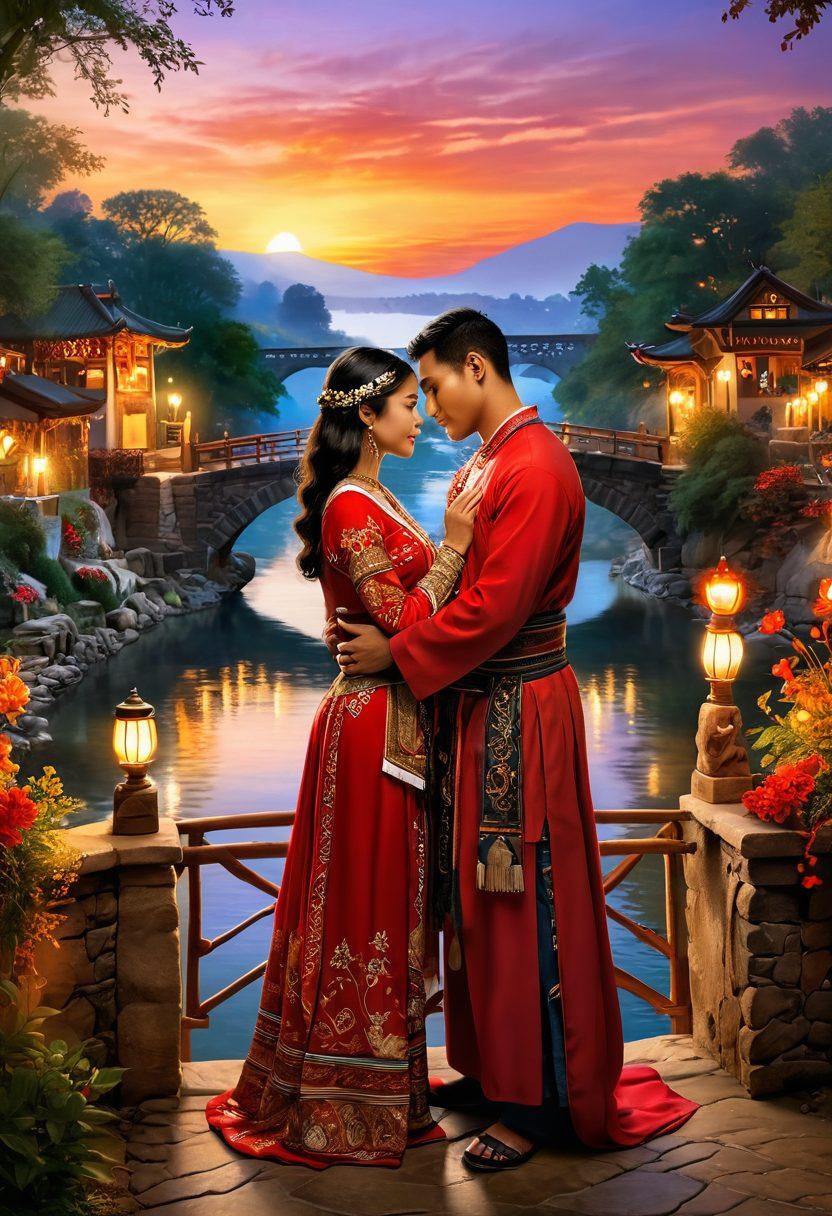 An enchanting scene depicting a diverse couple embracing, surrounded by symbols of their different cultures, like traditional clothing and unique artifacts. The background features a bridge connecting two different landscapes, symbolizing their journey together. Soft, warm lighting enhances the intimate feel of their connection. A subtle heart shape is formed by elements in the surrounding environment. vibrant colors. super-realistic.