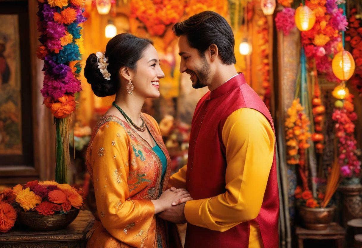 A warm and inviting scene showcasing couples from diverse cultures sharing affectionate moments, such as holding hands, laughing together, and exchanging loving glances, set against a backdrop of traditional elements from different cultures. Bright and colorful decorations to represent love and connection, along with symbols like hearts and flowers subtly incorporated. The atmosphere is filled with joy and warmth, reflecting the beauty of relationships across cultures. super-realistic. vibrant colors. cozy setting.